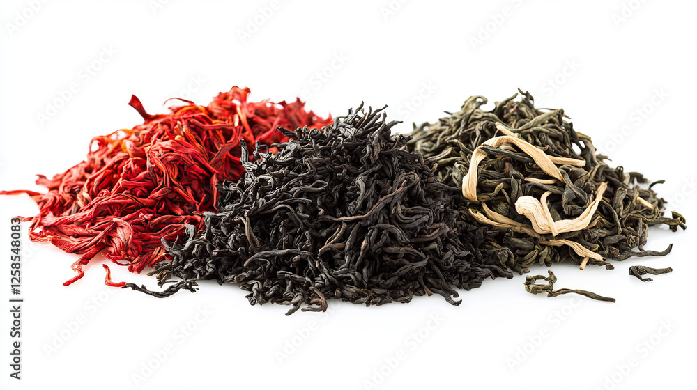 Naklejka premium Tea heaps top view, assortment of dry leaves and flowers isolated on white background. Red, green, black herbal dried fresh beverages. Healthy, organic drink, Realistic 3d vector illustration, set