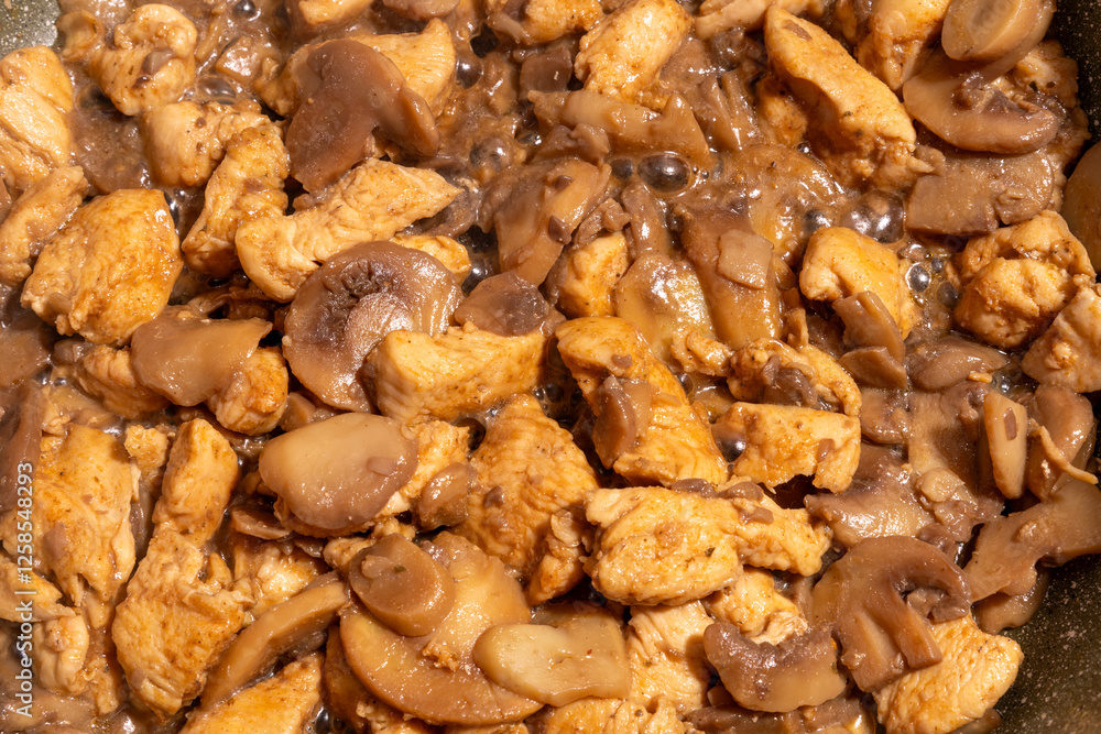 A close-up view of cooked chicken pieces and sliced mushrooms. A close-up view of cooked chicken pieces and sliced mushrooms.