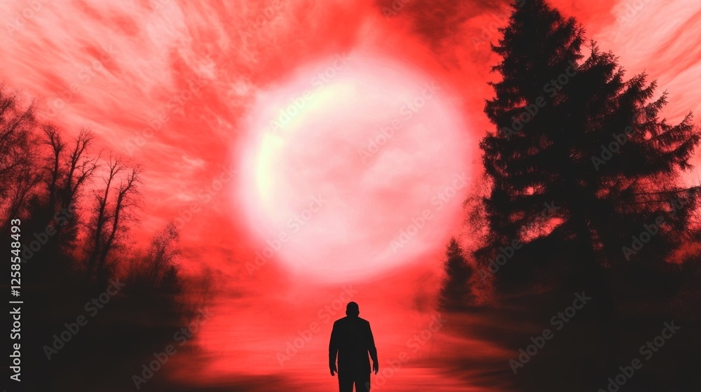 Silhouette of a man standing before an ominous red celestial event, surrounded by a dark forest. Silhouette of a man standing before an ominous red celestial event, surrounded by a dark forest.