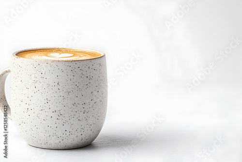 Heart latte art in a neutral speckled mug on a white table against a plain white background. For menu