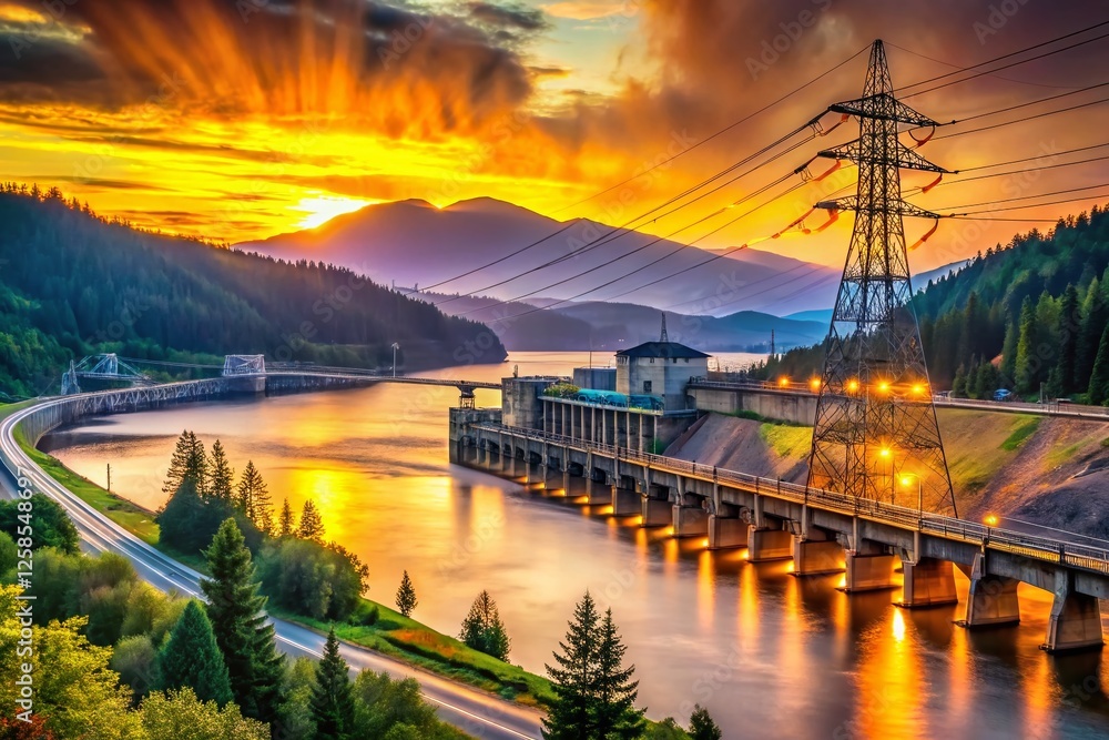 Fototapeta premium Bonneville Dam Oregon Landscape Power Lines Bokeh Sunset Stock Photo