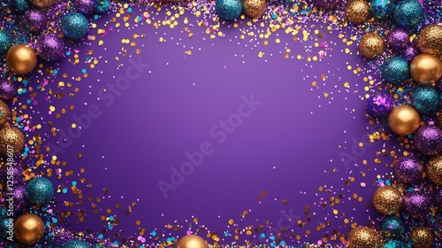 Mardi Gras festive frame on purple background with gold, blue, green and purple glitter balls and confetti