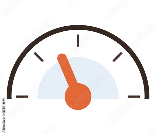 Semi-circular gauge with black scale lines and orange pointer at medium position. Ideal for performance, measurement, progress, speed, monitoring, levels, evaluation. Flat color icon