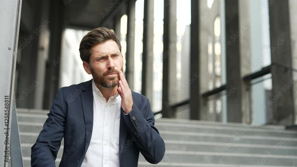 Businessman in a formal suit suffering from toothache standing on the city street near office building. Upset male holds his hand on his cheek, massaging the sore spot with his fingers. Close up Businessman in a formal suit suffering from toothache standing on the city street near office building. Upset male holds his hand on his cheek, massaging the sore spot with his fingers. Close up