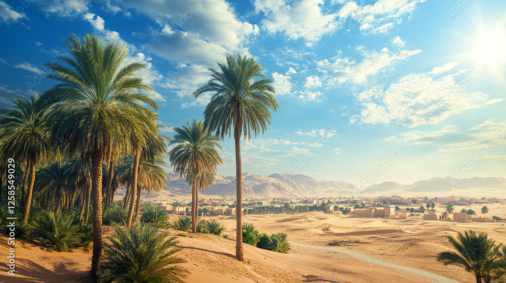 Obraz premium Cartoon Arabian desert landscape with sand dunes and palm trees, road leading to city or village, blue sunny sky with clouds. Vector illustration of egyptian panorama scene with city buildings.