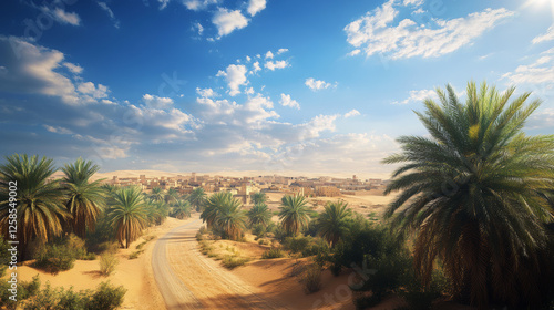 Cartoon Arabian desert landscape with sand dunes and palm trees, road leading to city or village, blue sunny sky with clouds. Vector illustration of egyptian panorama scene with city buildings.