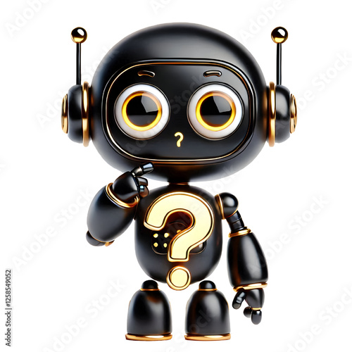 Cute 3D black robot with golden eyes thinking holding question mark in side view