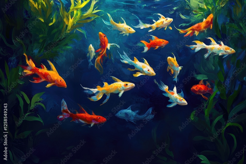Fototapeta premium A school of colorful fish swimming around an abstract, organic sculpture made from glass and plastic in the center of a large aquarium filled with clear blue water.