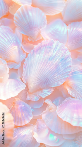 Pastel Seashells in Soft Light, Iridescent Ocean Treasures Evoking Serene Coastal Calm