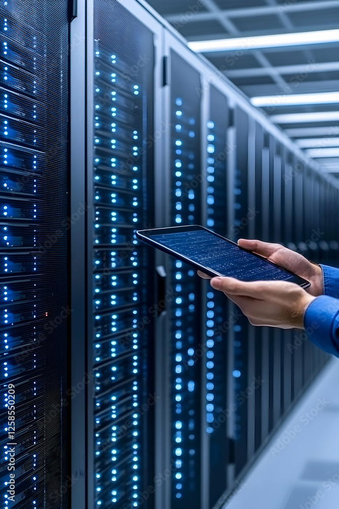 IT specialist manages servers using a tablet. Data center. Modern technology. Safe data storage IT specialist manages servers using a tablet. Data center. Modern technology. Safe data storage