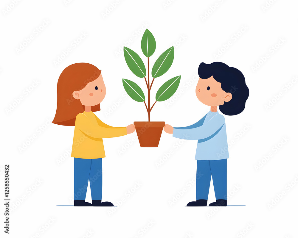 Kids passing plant in a pot. Teamwork growth concept. Sustainable lifestyle, education Kids passing plant in a pot. Teamwork growth concept. Sustainable lifestyle, education