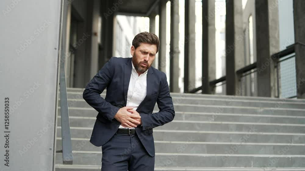 Upset businessman in formal suit feels stomach pain standing on street on the stairs of office building. Sick male has heartburn, gastritis or poisoning. Man suffers from overeating or constipation Upset businessman in formal suit feels stomach pain standing on street on the stairs of office building. Sick male has heartburn, gastritis or poisoning. Man suffers from overeating or constipation