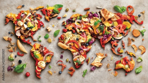 Fototapeta Naklejka Na Ścianę i Meble -  World map created with various fruits and vegetables representing global gastronomy and culinary diversity