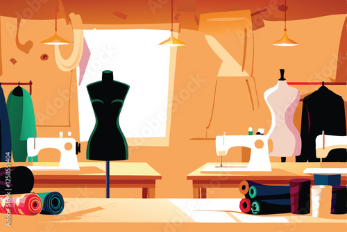 A meticulously organized fashion designer's workshop, featuring a vintage sewing machine amidst bolts of vibrant fabric and design sketches.