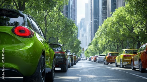 Urban traffic scene featuring colorful cars city street high-resolution image lush greenery eye-level viewpoint modern transportation