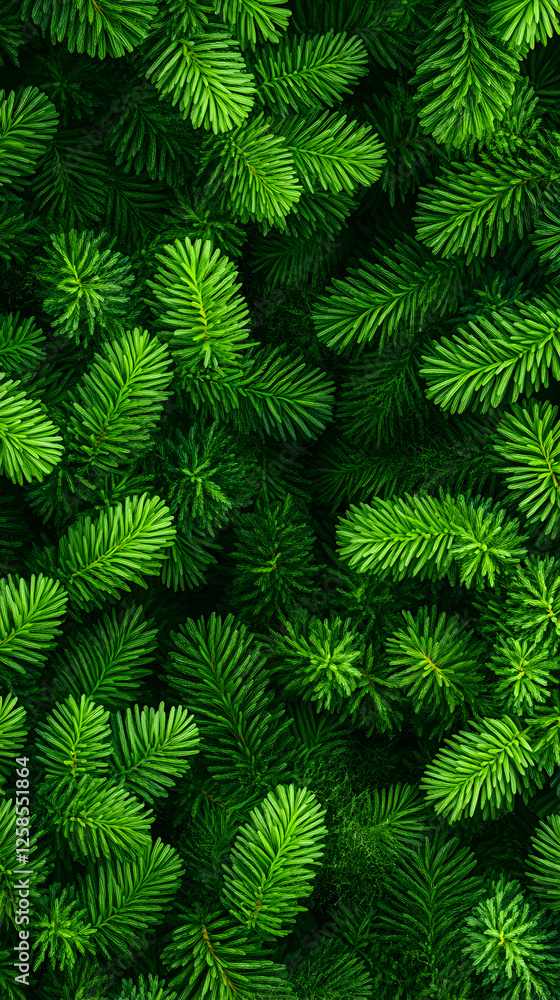 Lush green fir branches create a dense forest floor texture. A nature background with vibrant color