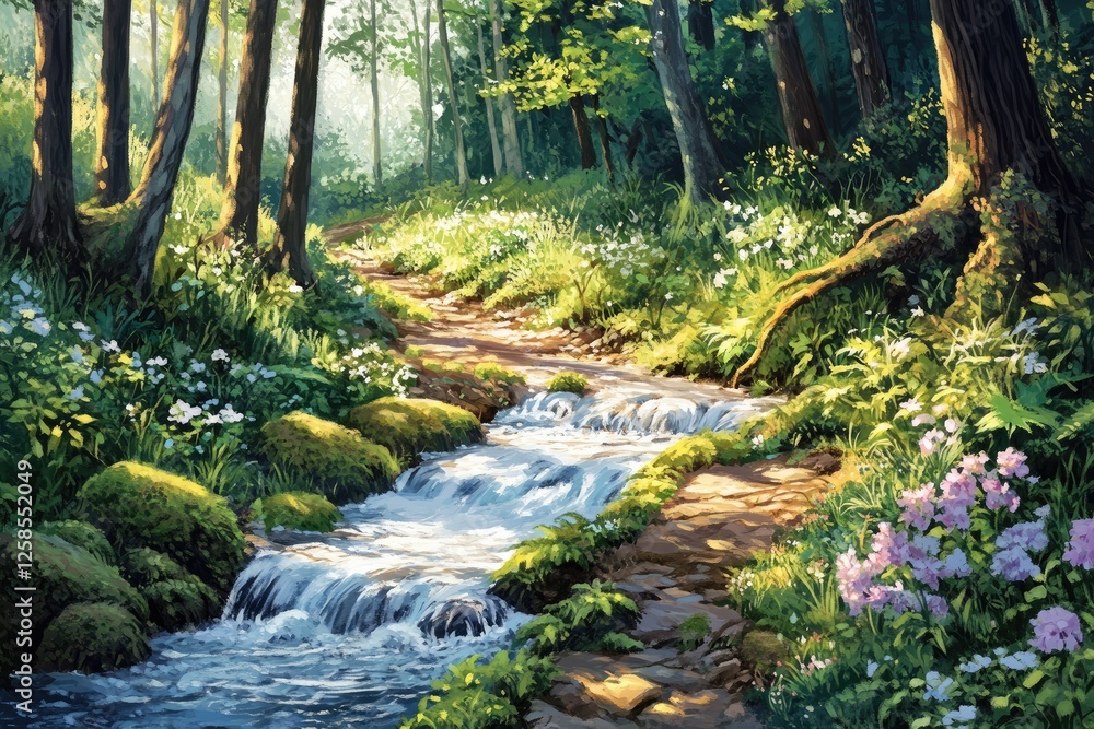 A serene forest scene with lush greenery, where the sunlight filters through tall trees A serene forest scene with lush greenery, where the sunlight filters through tall trees