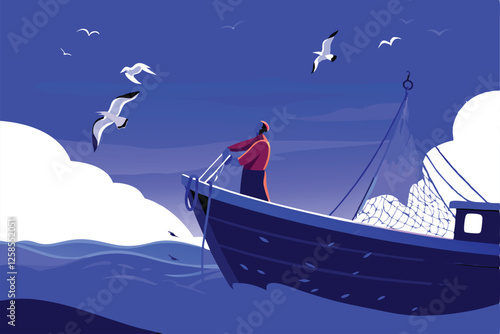 A lone fisherman, weathered and strong, aboard a small boat, actively hauling in heavy fishing nets, amidst a calm sea.