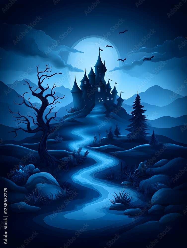 Fototapeta premium Majestic castle sits atop a hill. Mystical, dark, winding path leading. Fantasy realm. Use Illustration