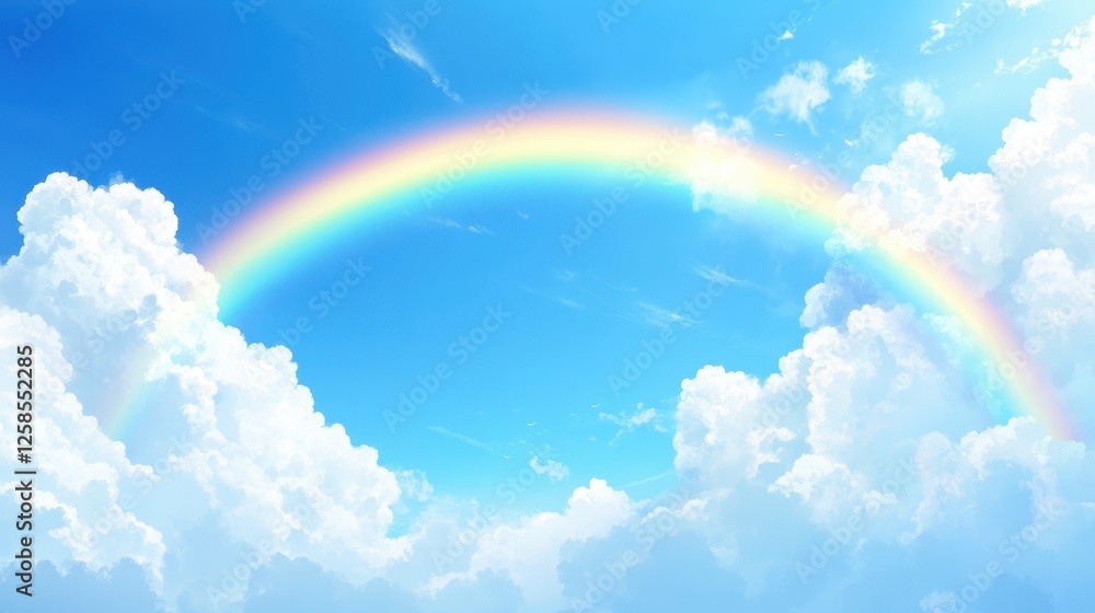 Radiant sky with cumulus clouds and vibrant rainbow arc display Radiant sky with cumulus clouds and vibrant rainbow arc display