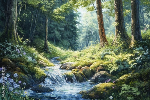 A serene forest scene with lush greenery, where the sunlight filters through tall trees