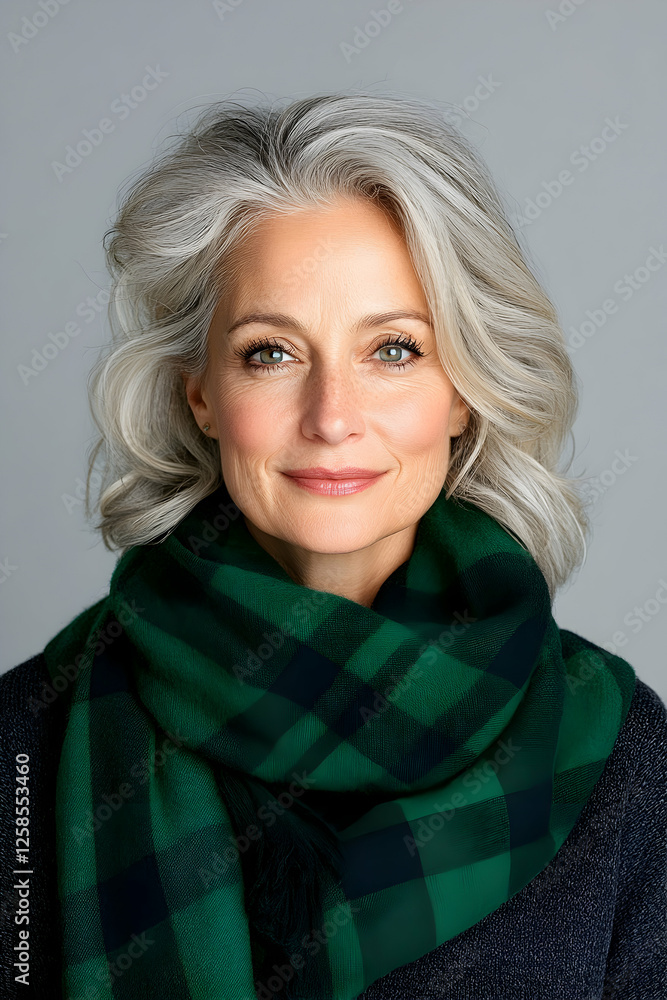 Fototapeta premium Mature smiling woman wearing warm scarf portrait for seasonal greetings, promotions