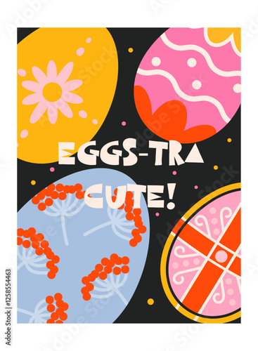 Set of Easter posters in abstract 90s retro style. Wall decor, bright banners of spring elements, rabbits,  chicken, eggs. Minimalist banners for wall decor, prints, wallpaper. Vector groovy 