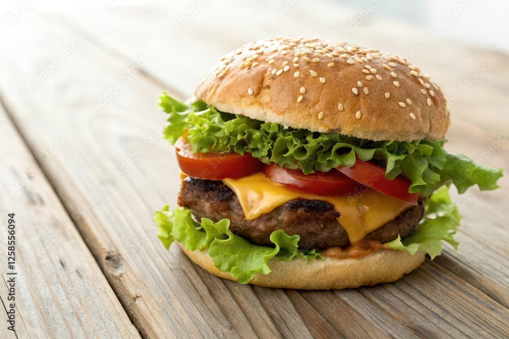 A delicious cheeseburger with fresh lettuce, tomato, and sesame seed bun on wooden table A delicious cheeseburger with fresh lettuce, tomato, and sesame seed bun on wooden table