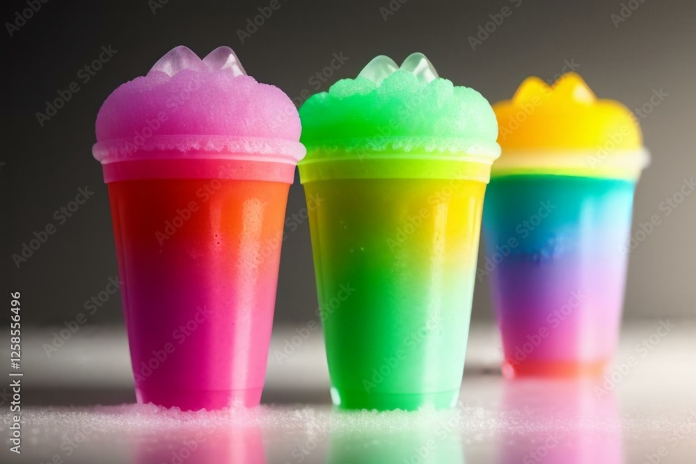 cups with rainbow colored slush ice drinks, row on white background cups with rainbow colored slush ice drinks, row on white background