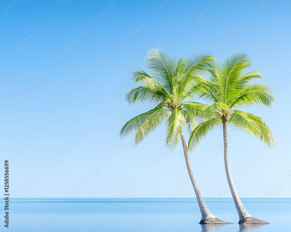 Obraz premium Palm trees extend toward the blue sky at a beach with gentle waters, for tourism or vacation