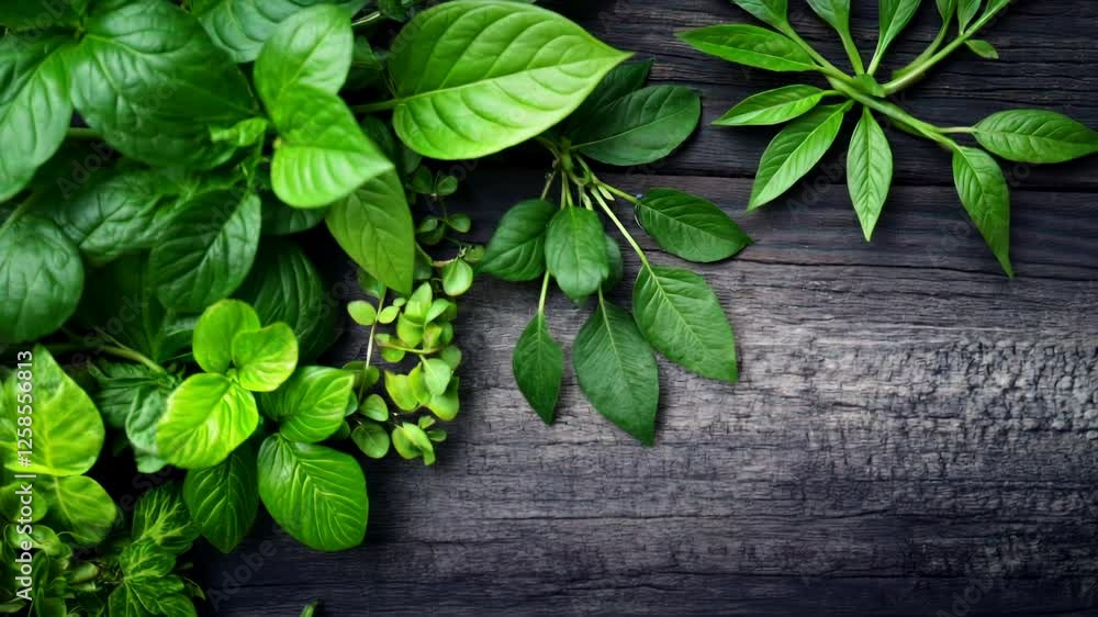 Lush green foliage spreading across rustic wooden surface Lush green foliage spreading across rustic wooden surface
