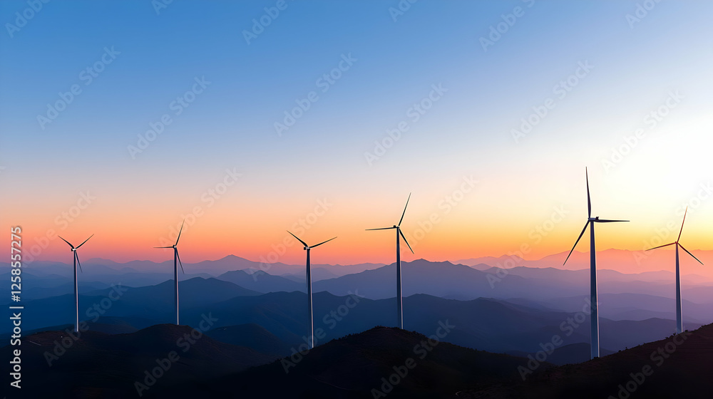 Obraz premium Wind Turbines Silhouetted Against Sunset Over Mountain Range