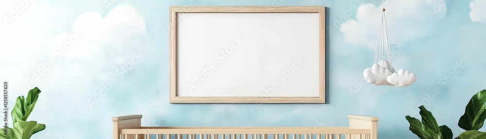 Fototapeta premium Dreamy nursery design featuring blank poster frame cozy atmosphere playful decor light blue walls