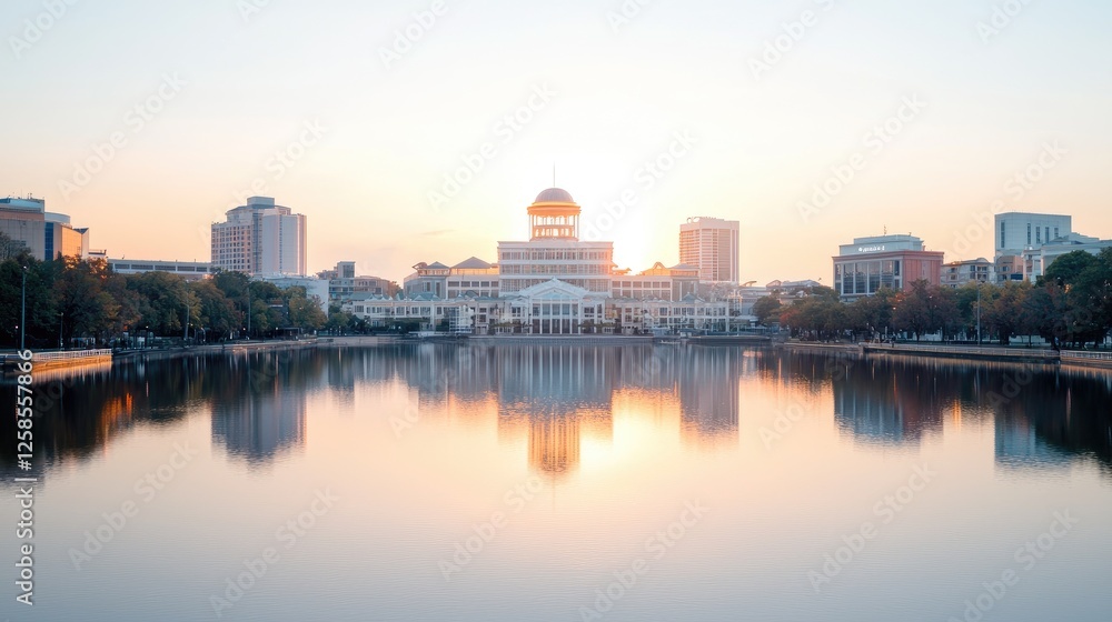 Sunrise over city lake, building reflection Sunrise over city lake, building reflection