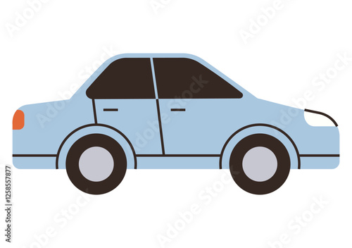 Light blue compact car side view with defined wheels, windows, and doors. Ideal for transportation, mobility, urban travel, automobile, logistics car rental ridesharing concepts. Flat color icon