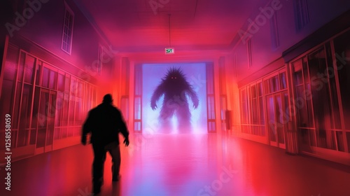 A man walks down a long hallway bathed in eerie red and blue light, facing a large, shadowy creature at the end.