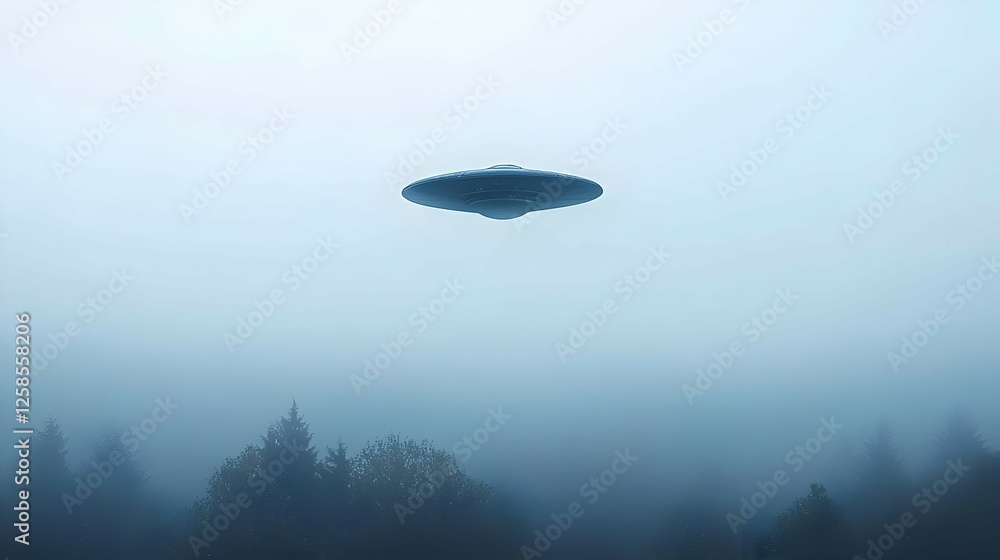 Unidentified Flying Object Hovering Over Foggy Forest Unidentified Flying Object Hovering Over Foggy Forest