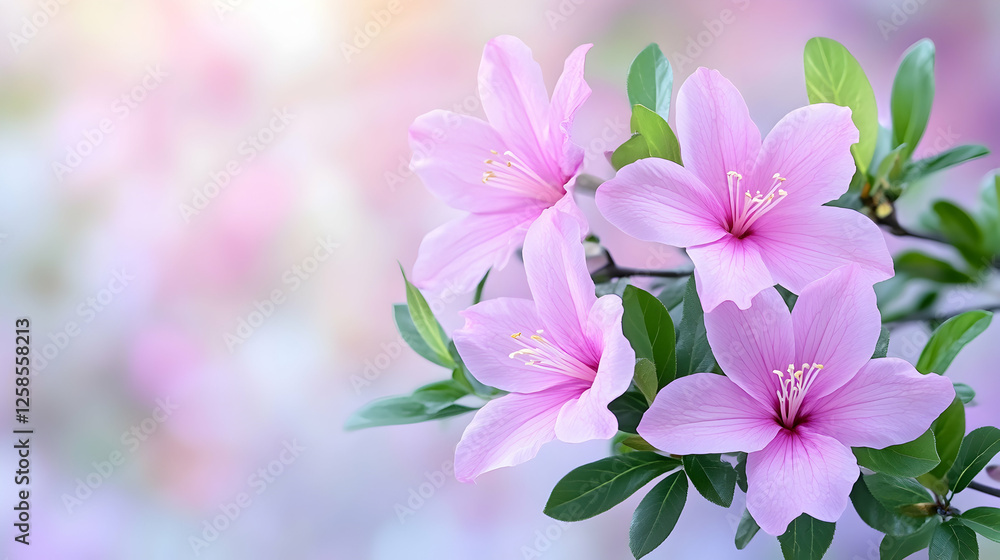 Pink flowers in full bloom with green leaves in the background. Possible use springtime promotions Pink flowers in full bloom with green leaves in the background. Possible use springtime promotions