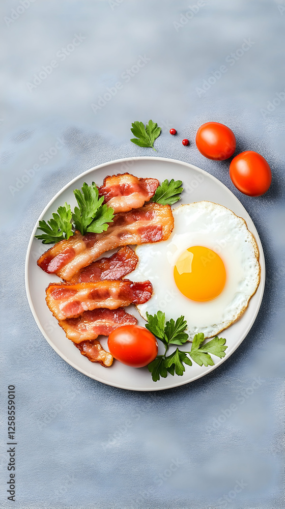 Plate with bacon, egg and tomato. Breakfast at home for healthy eating and diet Plate with bacon, egg and tomato. Breakfast at home for healthy eating and diet
