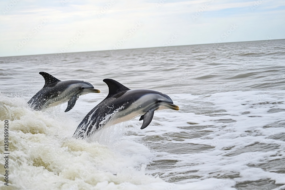 Obraz premium Two dolphins leaping gracefully from the water in perfect synchronization, creating a stunning and dynamic display of marine wildlife against the vibrant backdrop of the ocean