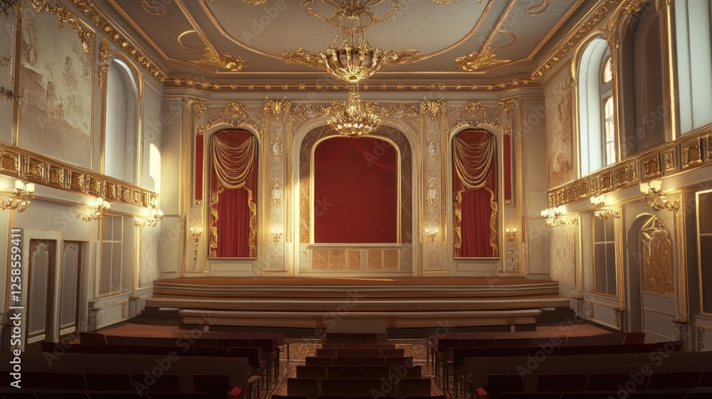 Obraz premium Grand ornate theater stage with red curtains and seating.