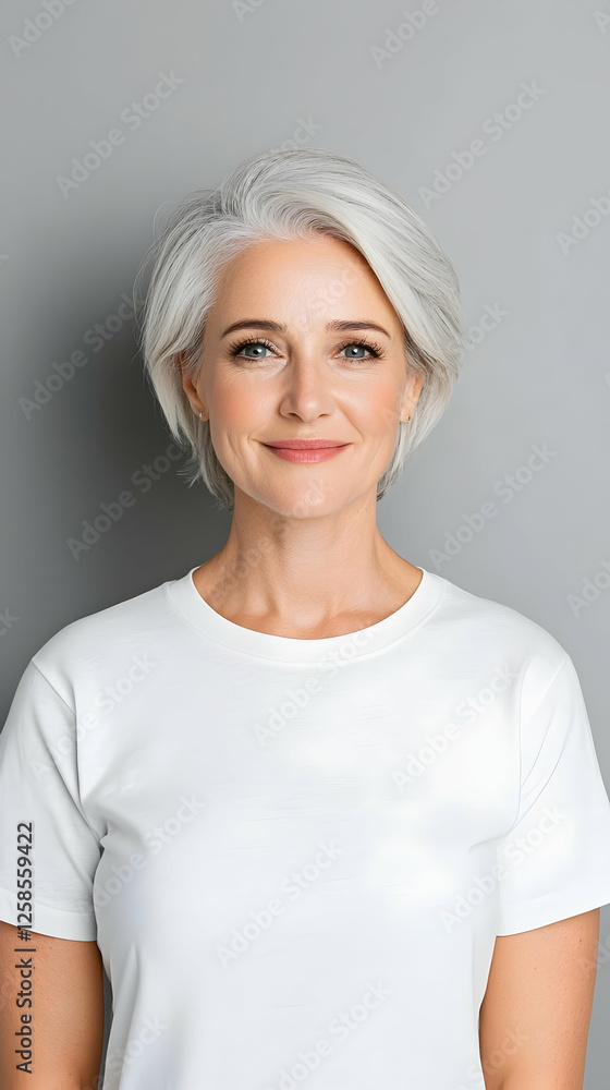 Portrait of an elderly lady. Smiling against a gray background. Possible use health, medical Portrait of an elderly lady. Smiling against a gray background. Possible use health, medical