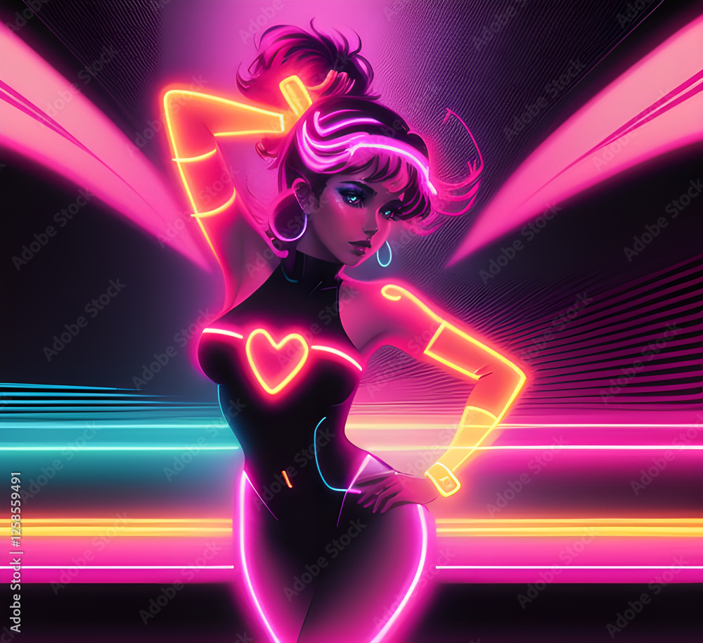 A confident girl in a sparkling sequin jumpsuit with exaggerated shoulder pads, bold makeup, and neon heels, dancing under disco lights.neon outline of dancing girl in minimalistic.generative ai A confident girl in a sparkling sequin jumpsuit with exaggerated shoulder pads, bold makeup, and neon heels, dancing under disco lights.neon outline of dancing girl in minimalistic.generative ai