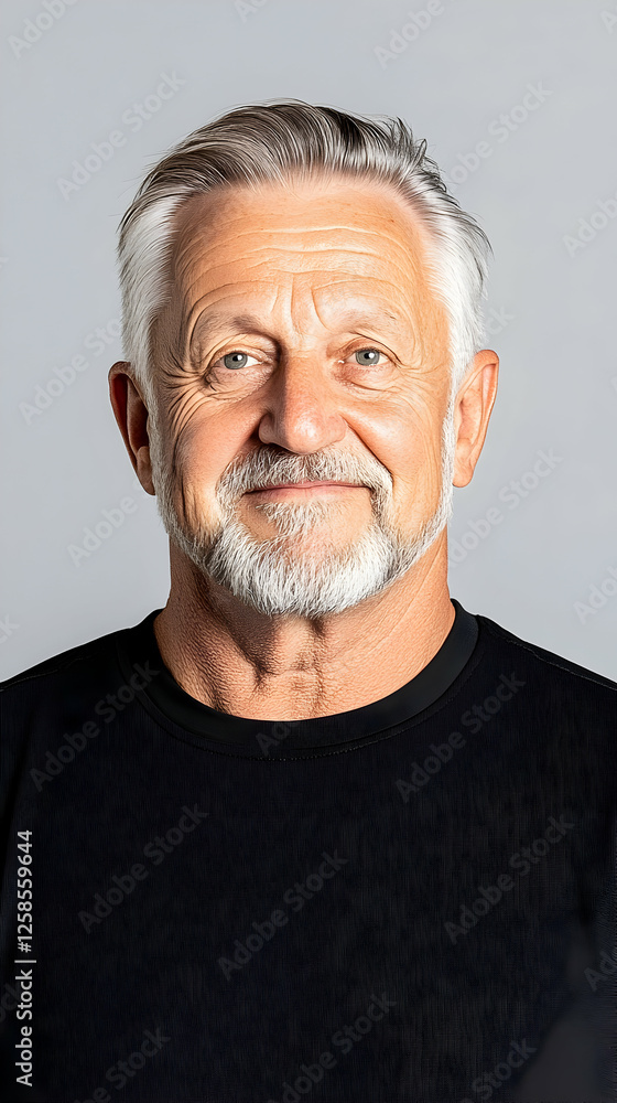Portrait of mature man, wearing a black shirt, against a neutral background, for marketing purposes Portrait of mature man, wearing a black shirt, against a neutral background, for marketing purposes