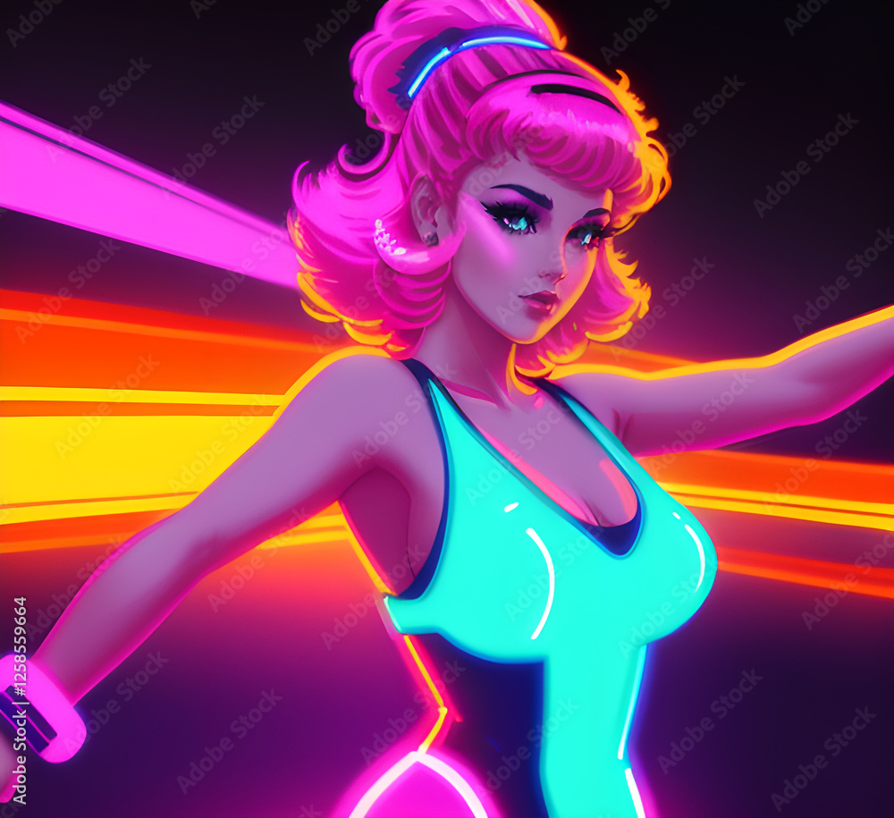 A confident girl in a sparkling sequin jumpsuit with exaggerated shoulder pads, bold makeup, and neon heels, dancing under disco lights.neon outline of dancing girl in minimalistic.generative ai A confident girl in a sparkling sequin jumpsuit with exaggerated shoulder pads, bold makeup, and neon heels, dancing under disco lights.neon outline of dancing girl in minimalistic.generative ai