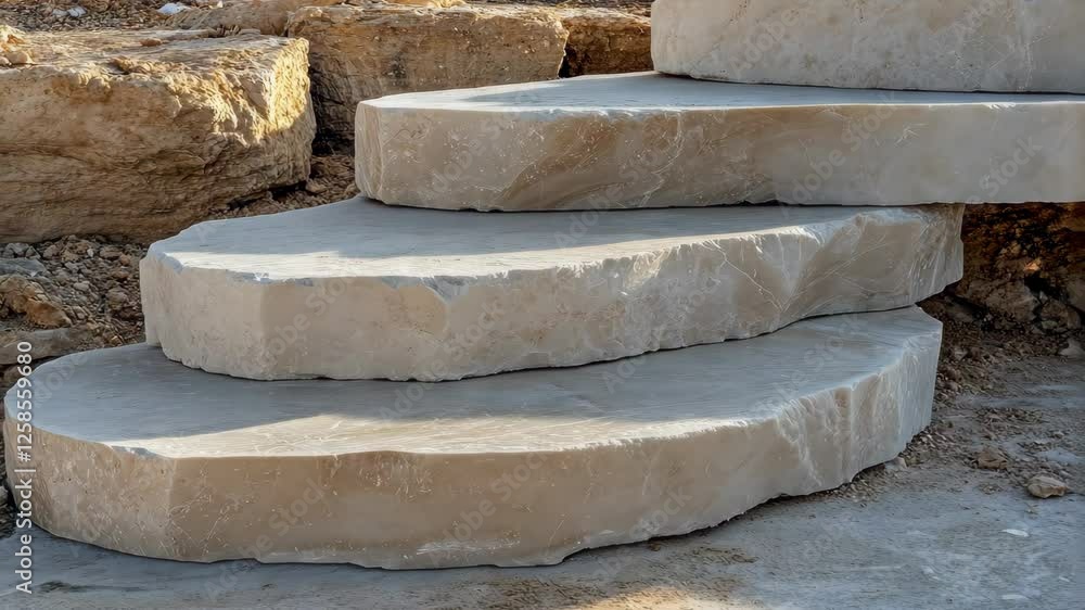 Building a natural stone staircase in a garden setting using large flat stones during a sunny afternoon Building a natural stone staircase in a garden setting using large flat stones during a sunny afternoon