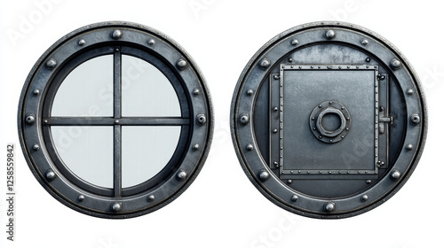 Portholes and metal door in spaceship, submarine, lab or bunker. Vector realistic set of round glass windows with steel frame and rivets and safe door isolated on transparent background