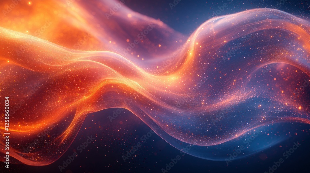 Glowing orange and blue particles swirl elegantly. Glowing orange and blue particles swirl elegantly.
