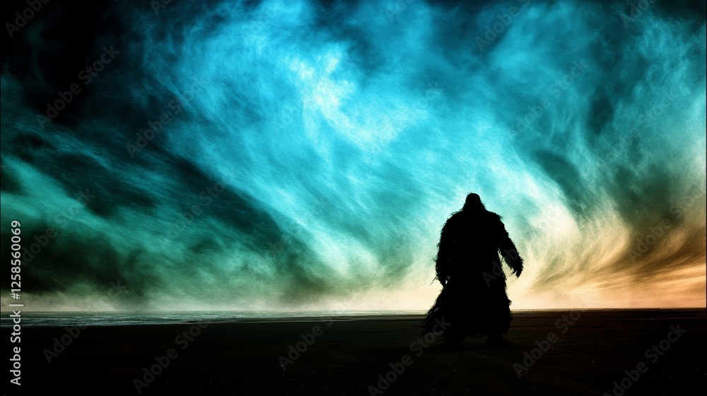 Fototapeta premium Silhouette of a large figure in a long robe, standing on a beach at sunset under a dramatic, colorful sky.
