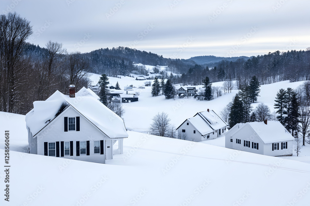 Naklejka premium Quaint winter homes amidst snow-covered landscape in a rural valley under overcast skies